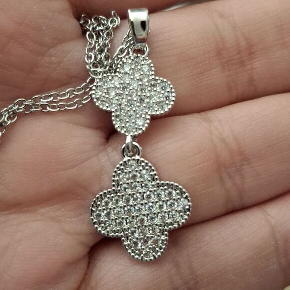 Diamond Silver Double Clover Necklace + Earrings Set - Picture 8 of 9